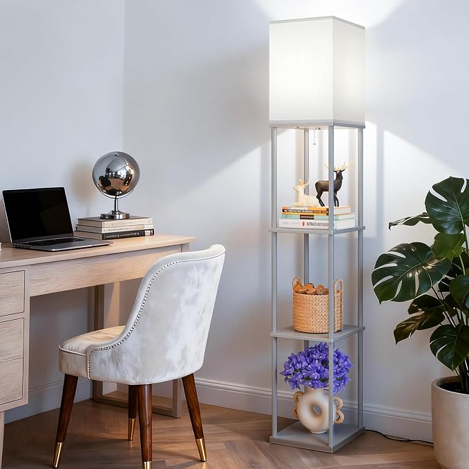 Floor Lamp with Shelves, 3-Tier Modern Square Bookshelf Standing Lamp Grey | 3 Color Temperature Bulb Included, Pull Chain Tall Lamp for Living Room Bedroom Corner Office Apartment Decor
