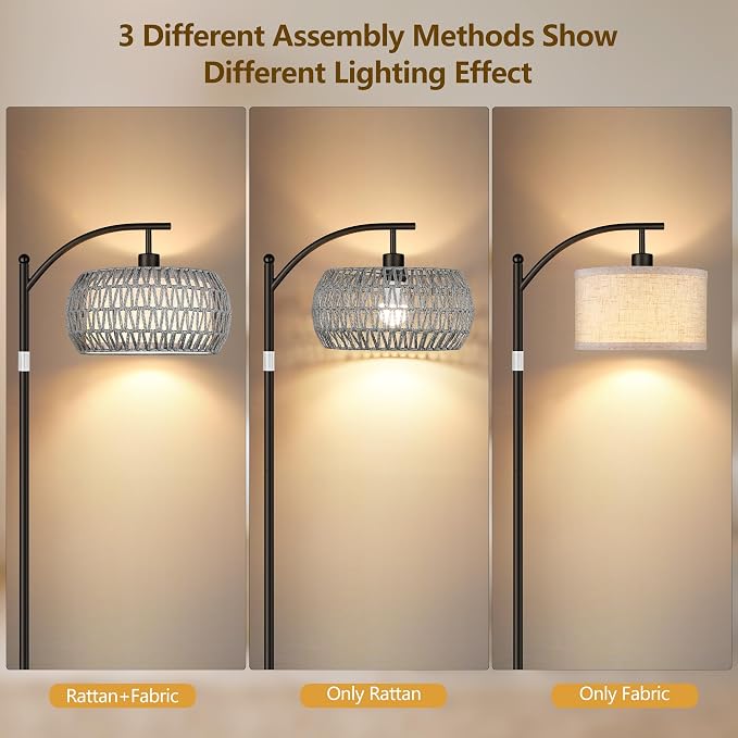 Rattan Floor Lamps for Living Room, Boho Standing Lamps with Grey Rattan& Linen Double Shades, Arc Lamps Floor Standing with 9W Bulb, Foot Switch, Bohemian Floor Lamps for Bedroom, Office-black