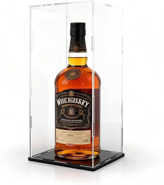 Acrylic Display Case, Clear Collectible Display Box with Matte Black Base & Lid, Dustproof Acrylic Showcase, Easy Self Assembly Display Case for Bottle and Action Figures, 7 x 7 x 16 inch