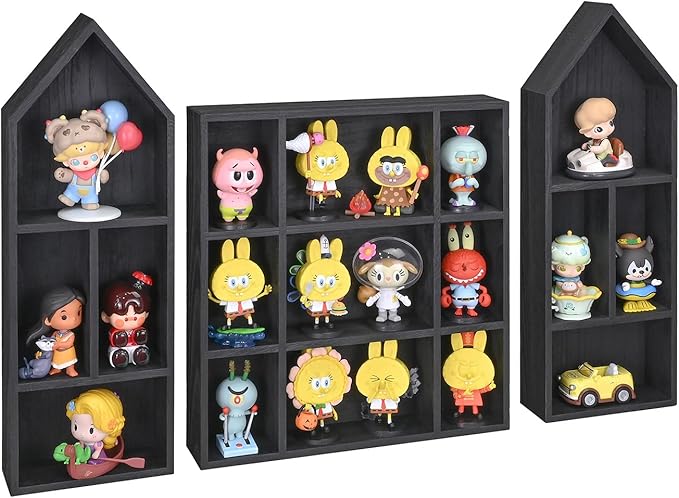 Ikee Design 3-Pc Wooden Shadow Box Shelf for Collectibles | 17 compartments Wooden Shadow Cubby Box Display Shelf Organizer Storage Shadow Box for Collectibles, Figures, Black