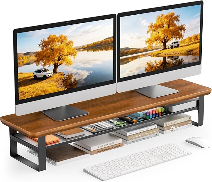 Dual Monitor Stand, 35.4 Inch Monitor Stand Riser for 2 Monitors, 2 Tiers Wood Desk Shelf with Storage, Desktop Organizer Stand for Computer, Laptop, Printer, TV