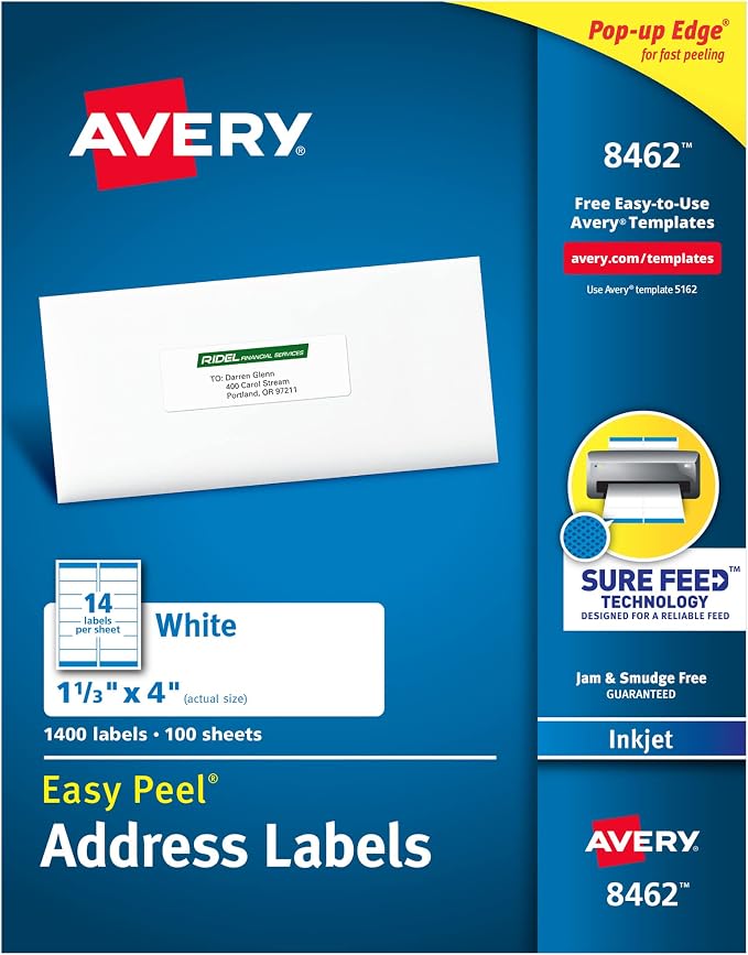 Avery Easy Peel Printable Address Labels, Sure Feed Technology, 1-1/3" x 4", White, 1,400 Blank Mailing Labels (08462)