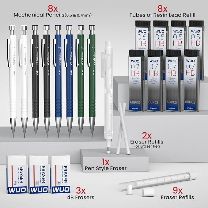 WUO 0.5 & 0.7 mm Mechanical Pencils with Eraser Pen Storage Case, 8 PCS