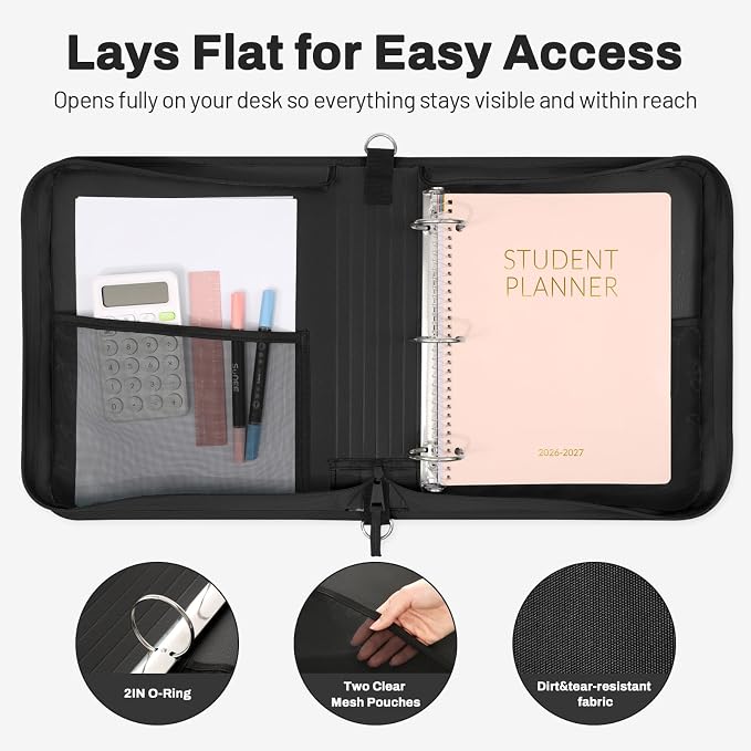 SUNEE Zipper Binder with 2-Inch O-Rings, 13-Inch Laptop/Tablet Sleeve, 450 Sheet Capacity, Sturdy Carry Handle & Adjustable Shoulder Strap, Schoo & Office Organizer, Black