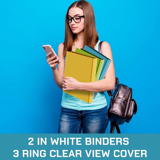 Fulmoon 6 Pack 2 Inch Plastic 3 Ring Binders with Pockets, Rainbow Colors | Flexible Covers with Round Rings and Front Pockets for Organizing Papers at School, Office, Meetings and Presentations