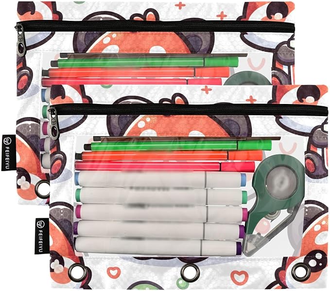 Cute Red Panda Bubbles Pencil Pouch for 3 Ring Binder, 2 Pack Waterproof Pencil Bags Clear Window Pencil Case Zipper School Office Supplies