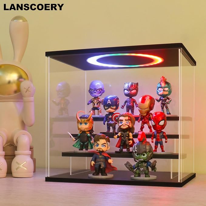 LANSCOERY Acrylic Display Case with RGBW Lights, 4 Tier Black | 11.8 x 8.9 x 11 in case displays small figures on desks or shelves with tiered rows and front access.
