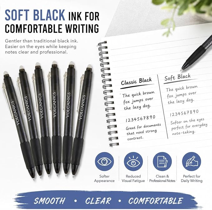 Volcanics Retractable Clicker Erasable Gel Pens, Soft Black, 0.7mm, 18 PCS