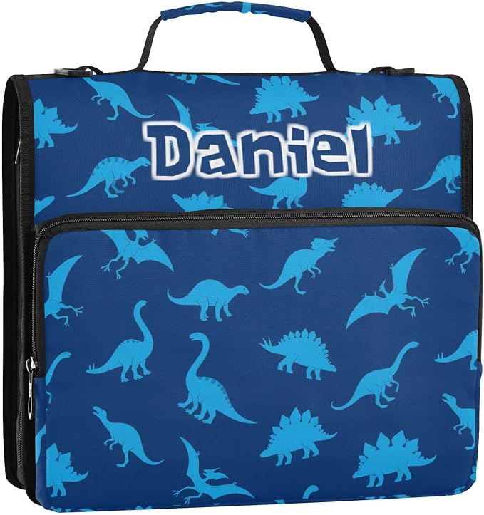 Custom Dinosaurs Dark Blue Pattern 3 Ring Zipper Binder with Shoulder Strap & Handle 1.5 Inch D-Ring Zippered Bag with Multiple Pocket, Personalized Binder Organizer for School or Office