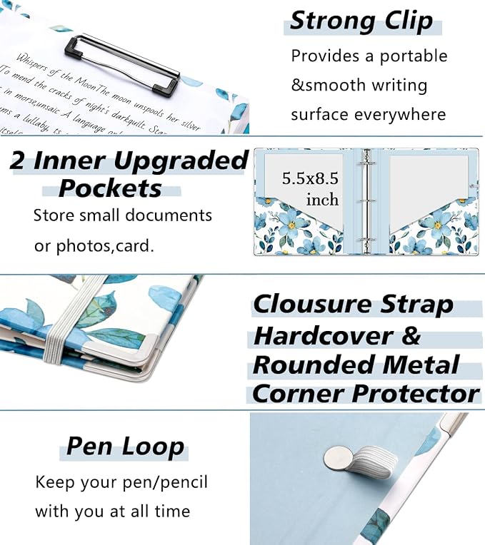 Mini Binder Organizer for 5.5" x 8.5" Paper ，1 Inch 3 Ring Binder with Clipboard, 5-Tabs Pockets Dividers, Plastic Folder, 18 Divider Stikers, Pen Loop (Blue Flora, Half Letter Size)