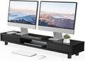 Fenge Dual Monitor Stand with Storage, Desk Shelf with Glass Sliding Door | Ergonomic Height Adjustment, 42.5in Monitor Shelf, 2-Tier Monitor Riser, Desk Organizer for Screen, PC, Laptop, Balck