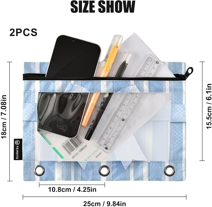 Blue Striped Bow Pencil Pouch for 3 Ring Binder, 2 Pack Waterproof Pencil Bags Clear Window Pencil Case Zipper School Office Supplies