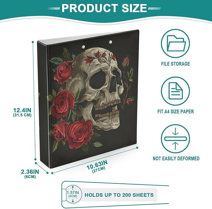 3 Ring Binder Gothic Skull Flowers 1.5 Inch Three Ring Binder | Cute Binder with 3 Storage Pockets for Women School Office Supplies