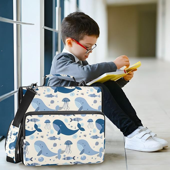 3 Ring Zipper Binder with Shoulder Strap Whales Jellyfish Blue Ocean 2 Inch Zippered Binder Bag 500 Sheet Capacity Multi Pockets for School Supplies