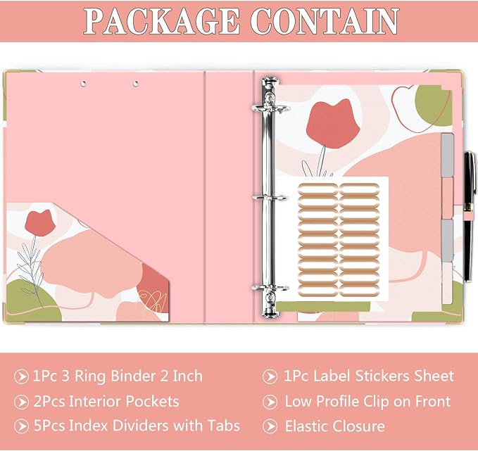 3 Ring Binder Organizer for Letter Size (8.5" x 11") with 5 Tab Dividers, File Folder Labels and Low Profile Clipboards, Portfolio Binder with 2 Pockets for School & Office Supplies