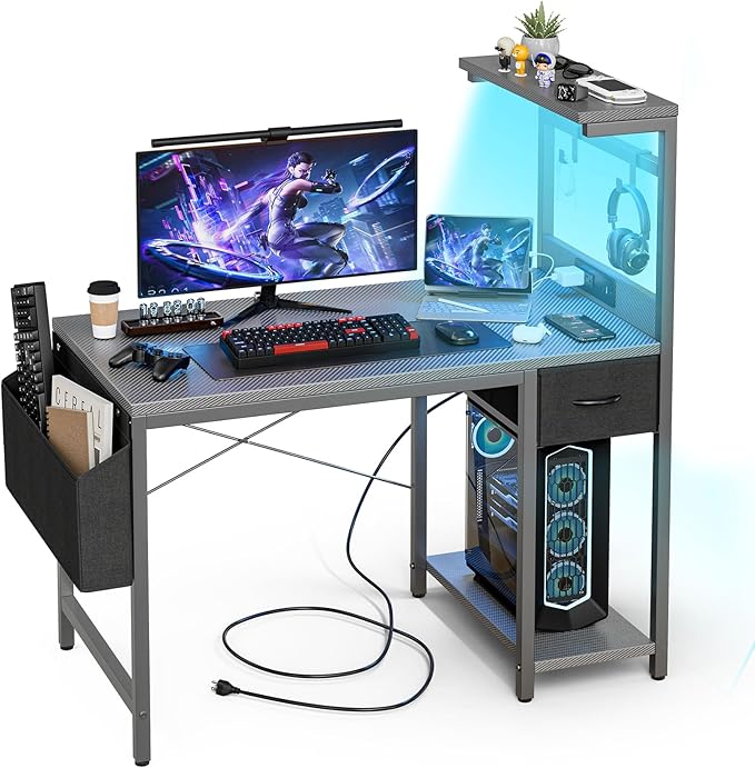 Grandder Gaming Desk 55 Inch with Power Outlet and LED Light, Computer Desk with Reversible Shelves and Storage Drawer, Pc Small Desk for Home Office Table with Bag, Carbon Fiber Grey