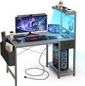 Grandder Gaming Desk 55 Inch with Power Outlet and LED Light, Computer Desk with Reversible Shelves and Storage Drawer, Pc Small Desk for Home Office Table with Bag, Carbon Fiber Grey