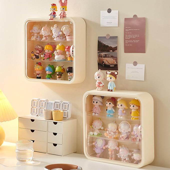 Wall Mount Display Case for Figures - Space Saving & Adjustable Acrylic Storage Box with Magnetic Door, Dustproof & Moisture Proof for Lego Pop Mart Action Figures (Cream)