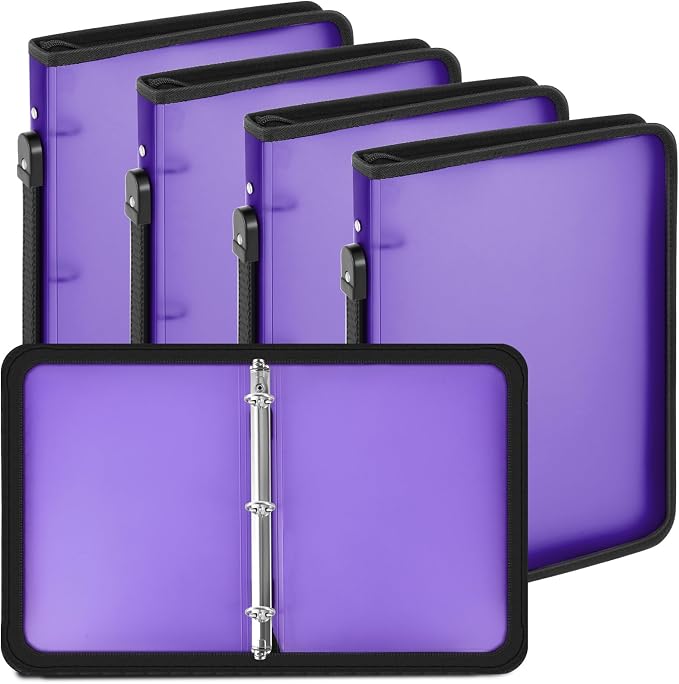 Teling 4 Pcs 1 Inch Zipper Binder 3 Ring Organizer, Purple | Secure Zipper Closure, Refillable 3 Ring Design, Handle Carry, Fits Letter Size Papers for School, Office and Projects
