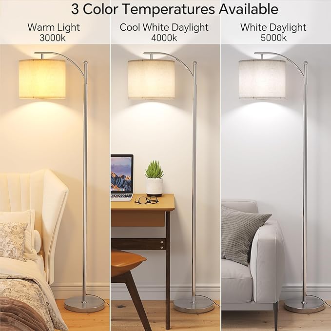SUNMORY Arc Floor Lamp, Modern Floor Lamp with 9W 3 Color Temperatures Bulb | Metal Standing Lamps with Adjustable Hanging Lampshade,Tall Floor Lamps for Living Room,Bedroom, Office, Nickel