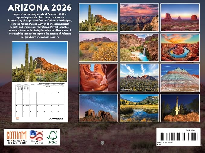 Arizona Calendar 2026 Wall 12 Month Monthly AZ Scenic Souvenirs Arizonan Themed Southwestern Gifts | American Made In The USA