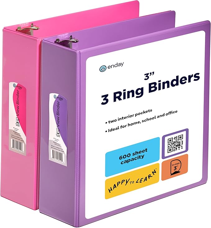 3 Inch Binder (2 Pack) Pink and Purple 3 Ring Binder 3 inch, Clear View Cover with 2 Inside Pockets, Three Ring Binders for Home, Office and School Supplies - Enday