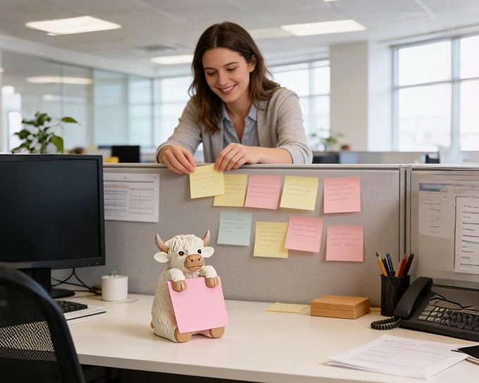 Highland Cow Pop-Up Sticky Note Dispenser for 3 x 3 in Notes, Beige | Includes 100 sheets, handmade resin desk decor for office, home or classroom, gift for teachers, coworkers and cow lovers