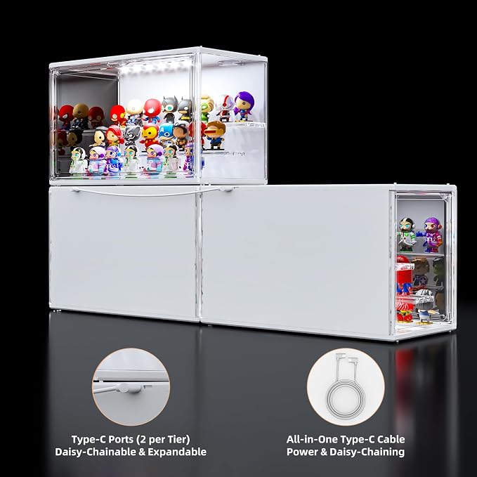 Acrylic Display Case for Collectibles with LED Light, 3 Layer Adjustable Figure Display Case with Magnetic Door, Lighted Display Box Stackable Clear Blind Box for Action Figure, Popmart, 2 Pack