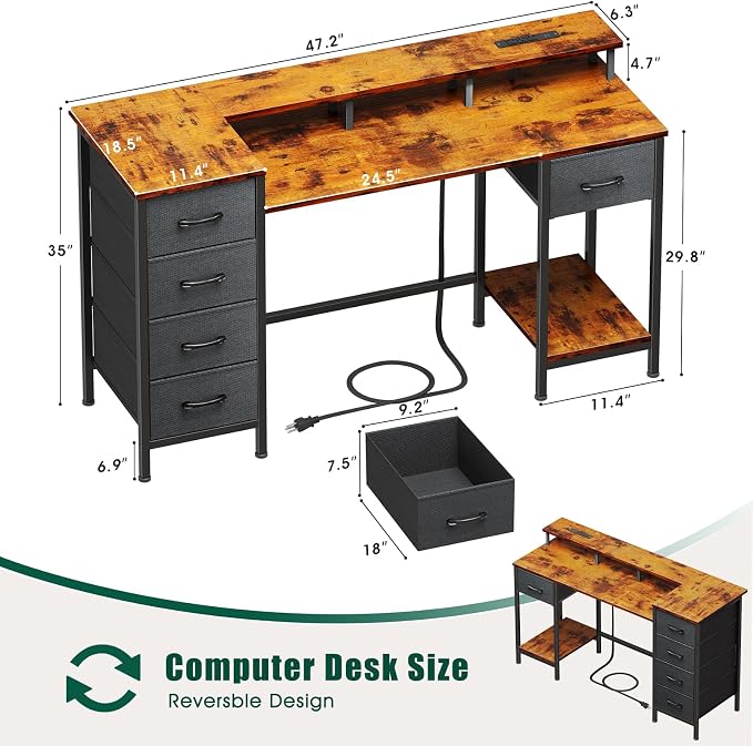 Korfile 47 Inch Computer Desk with Power Outlets,LED,5 Drawers,Rustic Brown | For gaming and working,built-in power outlets and LED lights, 5 fabric storage drawers, 47-inch, monitor stand,, rustic brown