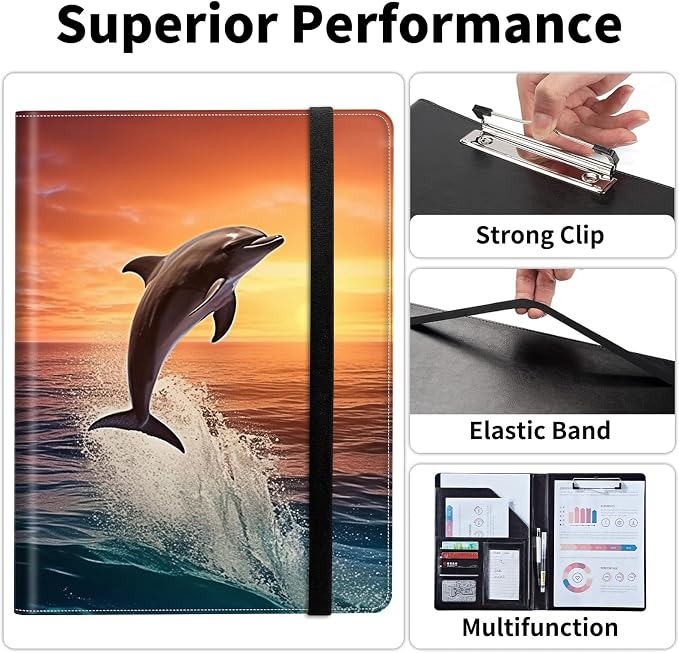 Padfolio/Portfolio Folder Clipboard,Padfolio Clipboard,Writing Portfolio Leather with Cover for Card Holder Slot Letter Size A4 for Office Conference Notepad Clip Boards,Dolphins Jumping at Dusk