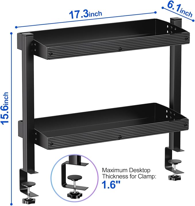 17 inch Adjustable 2-Tier Clamp On Desk Shelf with Hooks | Heavy Duty, Holds 44 lbs, No Drill, for Home Office, Gaming & Desk Organizer