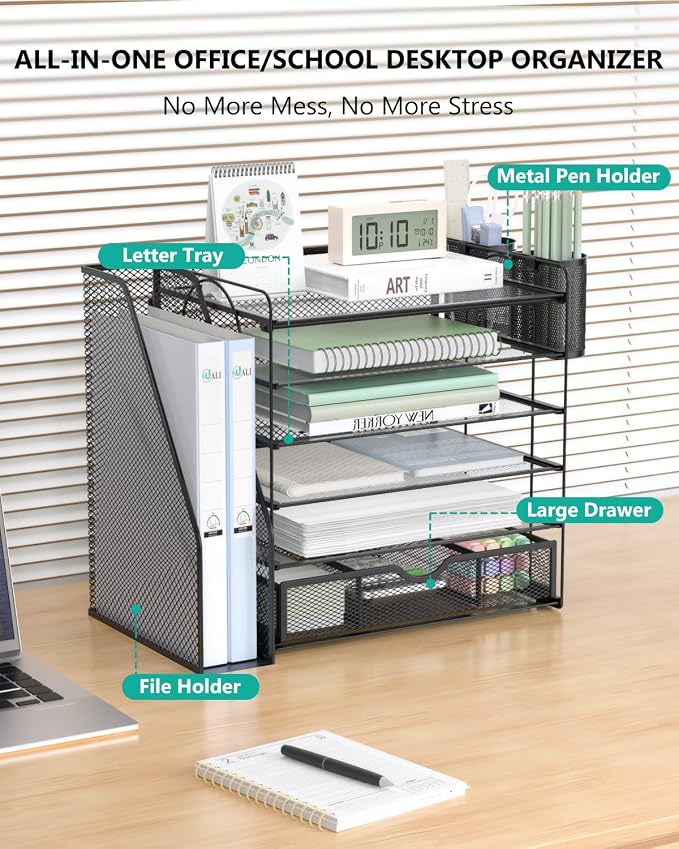 WALI Desk File Organizer, 6 Tier Desktop Paper Letter Tray Organizer with Drawer and 2 Pen Holders, Office Desk Accessories & Workspace Organizers for Office, Home Supplies(DO007DH-B), 1 Pack, Black