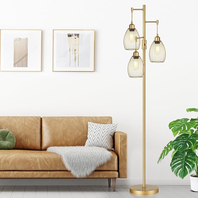 Dimmable Floor Lamp, Industrial Floor Lamps for Living Room, Gold Tree Lamp Standing Lamp Tall Lamps with 3 Elegant Teardrop Cage Head & 800 Lumens LED Bulbs for Living room Bedroom Office Dining Room