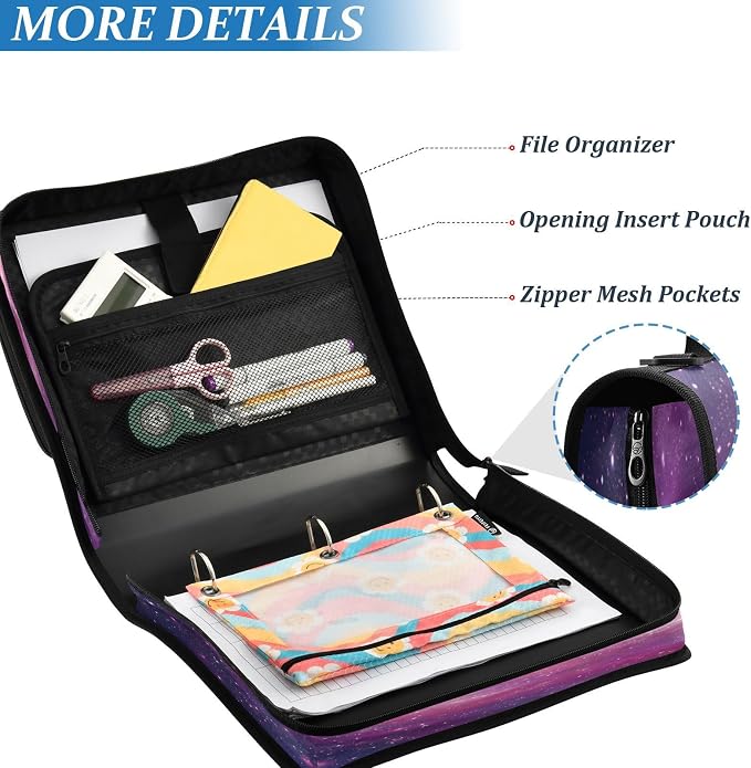 ALAZA Zipper Binder 3 Ring Colored Galaxy Universe Binder Organizer with Zipper and Shoulder Strap Large Capacity Multi-Pocket Trapper Keeper File Folder for Office Supplies
