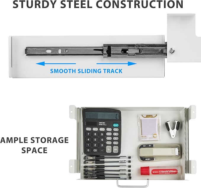 Gome Under Desk Pull-Out Drawer - Storage Organizer Office Mounted, Easy Slide-Out Pencil Drawer for Saving Space, Ideal for Sit-Stand Workstation (For 1.2" Support Bar Under Desk)