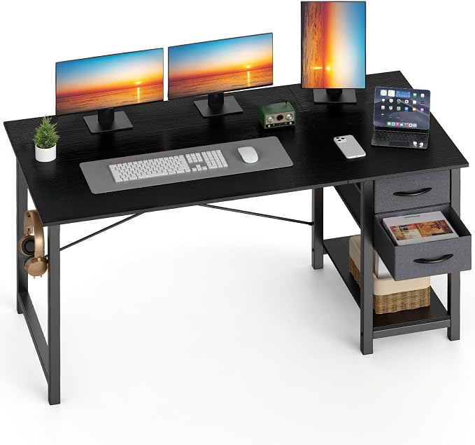 Sweetcrispy 40-Inch Computer Desk with Drawers, Office Desk, Black | Small Desk for Bedroom Home Office with Side Hook, Modern Simple Desk with Storage for Writing
