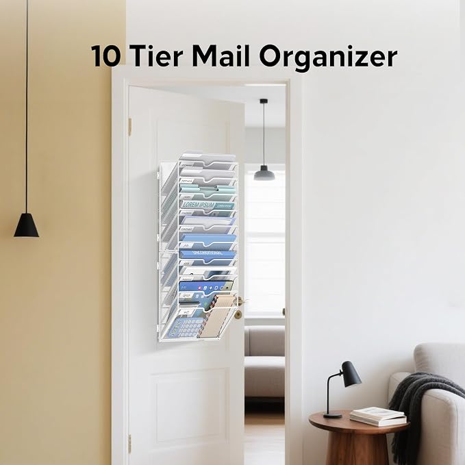 10-Tier Wall File Organizer and Hanging File Organizer, White | Wall Organizer and Wall Mounted File Holder with 14 Pockets and Label Panels for Files, Mail, Folders, Magazines and Paper