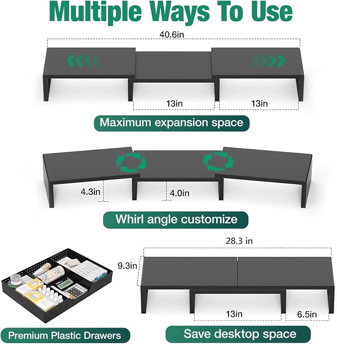Dual Computer Monitor Stand Riser, Desk Organizer with Drawer, Office Desk Accessories & Workspace Organizers for Home Office Supplies, Black