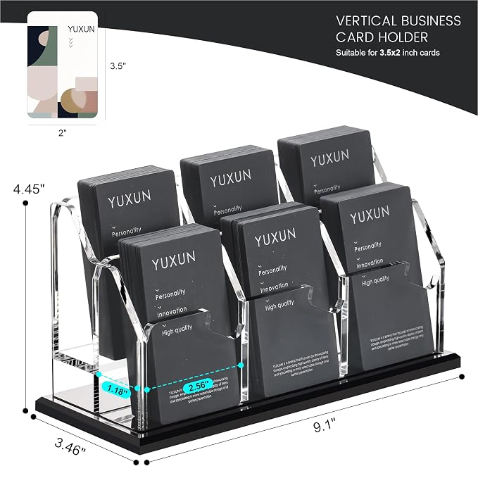 YUXUN Business Card Holder for Desk Vertical 2 Tier 6 Slot ,Black Acrylic Business Card Display Stand for Men & Women,Desktop Business Card Organizer for Office Home Exhibition, 300 Card Capacity