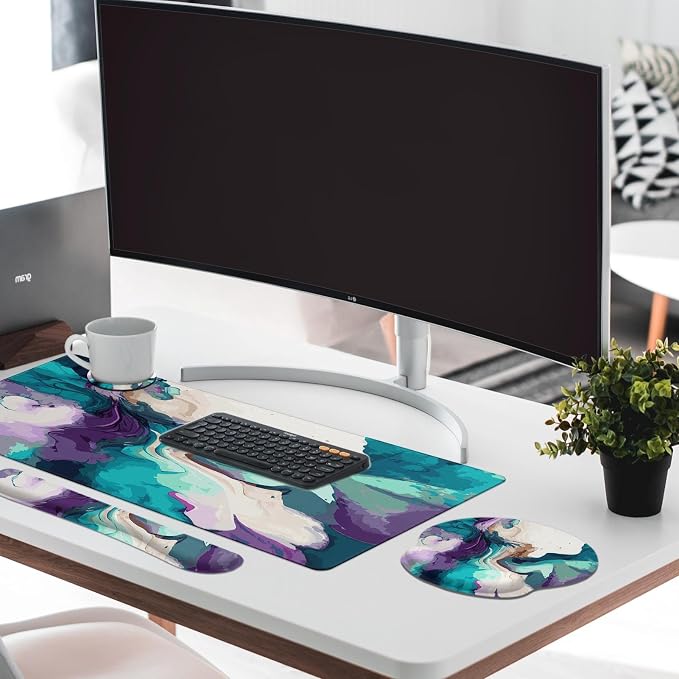 Keyboard Mouse Pad Set, 4 in 1 Desk Mat Set, Marbling Liquid | Teal Purple Large Mousepad+Keyboard Wrist Rest+Mouse Wrist Rest+Coaster Ergonomic Design for Home Office Computer