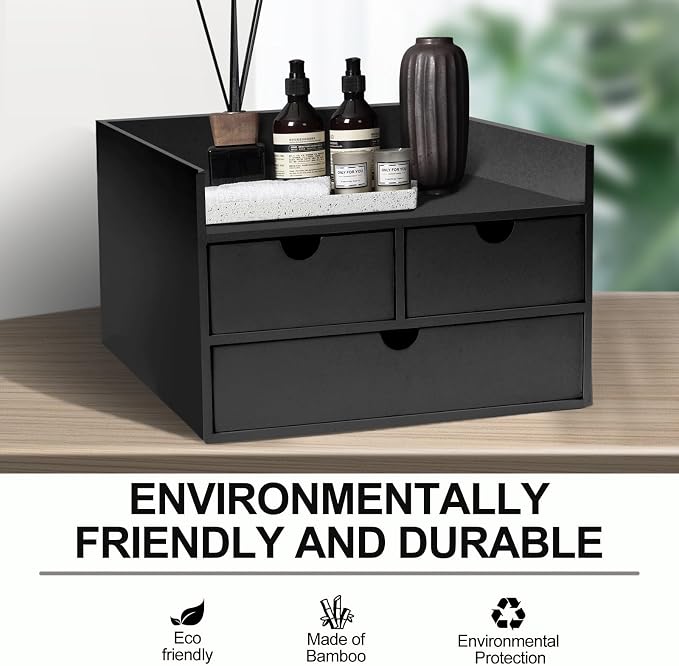 Charmewooden Bamboo Desk Organizer 3 Drawer with Shelf, Countertop Organizer with Drawers Makeup Storage Drawer 3 Drawers Tabletop Storage Organization Box Home Office Workspace（Black）
