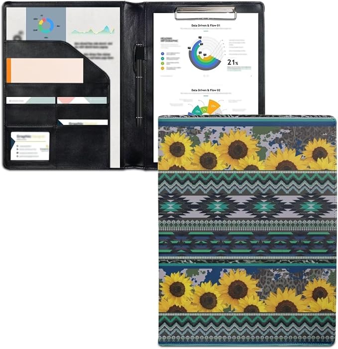 Dreaweet Sunflower Aztec Print Padfolio for Women Green Leather Portfolio Binder,Interview Legal Document Organizer with Pen Slots Business Card Holder Letter Sized Writing Pad