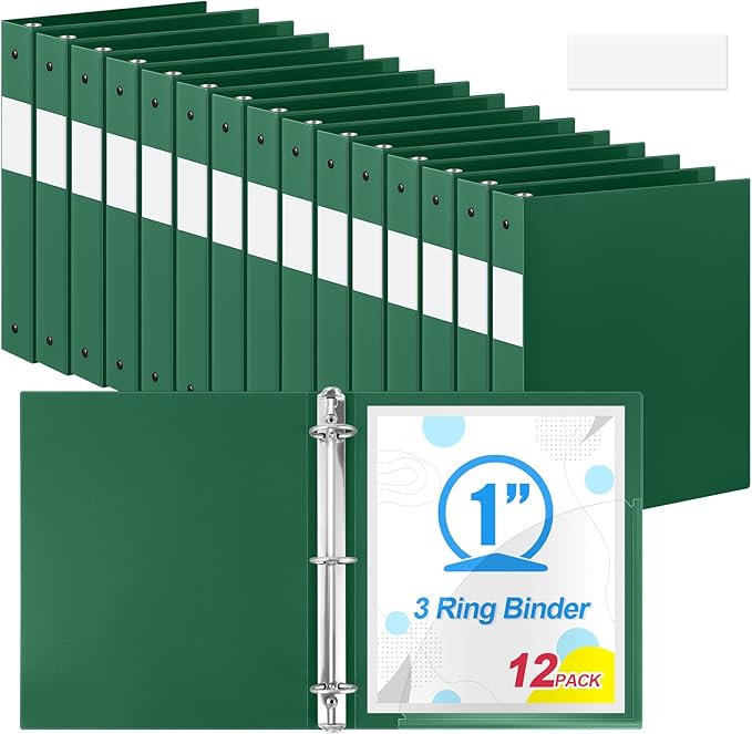 Henoyso 12 Pack 1 Inch 3 Ring Plastic Binders, Bulk Flexible PP Binders for Classroom & School Supplies, Letter Size 8.5 x 11, Holds 240 Sheets with Interior Pocket (Dark Green)
