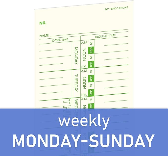 Weekly Time Cards 1-Sided, 3-1/2" x 9", Named Days, 1000-Count,Time Cards for Employees, Green Print, Timecards for Time Clocks
