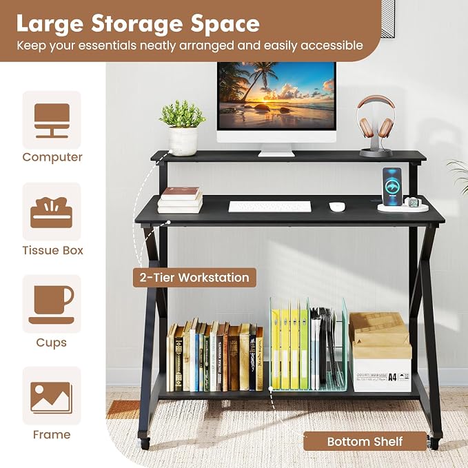 Giantex Rolling Computer Desk with Charging Station, Mobile Portable Laptop Desk with Monitor Stand & Storage Shelf, Small Desk with Lockable Wheels for Small Spaces, Home Office (Black)