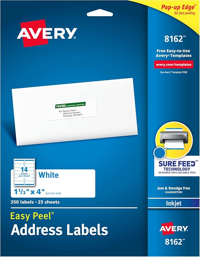 Avery Mailing Address Labels, Inkjet Printers, 350 Labels, 1-1/3 x 4, Permanent Adhesive, 5 Packs (8162)