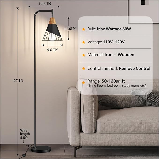 67" Industrial Floor Lamp with Wood & Black Metal Shade, Modern Standing Lamp, Rustic Farmhouse Tall Lamp for Living Room Bedroom Office, 2700K Bulb & Foot Switch Included (Black + Remote Control)