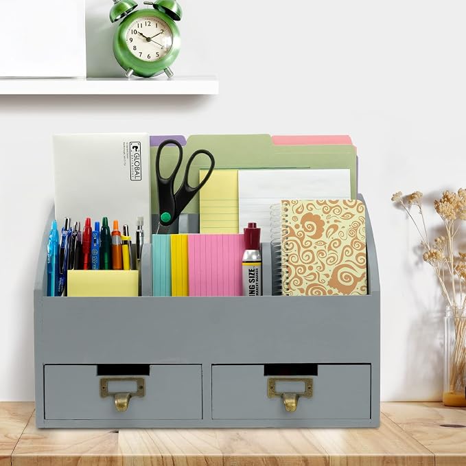 Wood Desk Organizer, 6 Compartments 2 Drawer Supplies Rack - Solid Gray