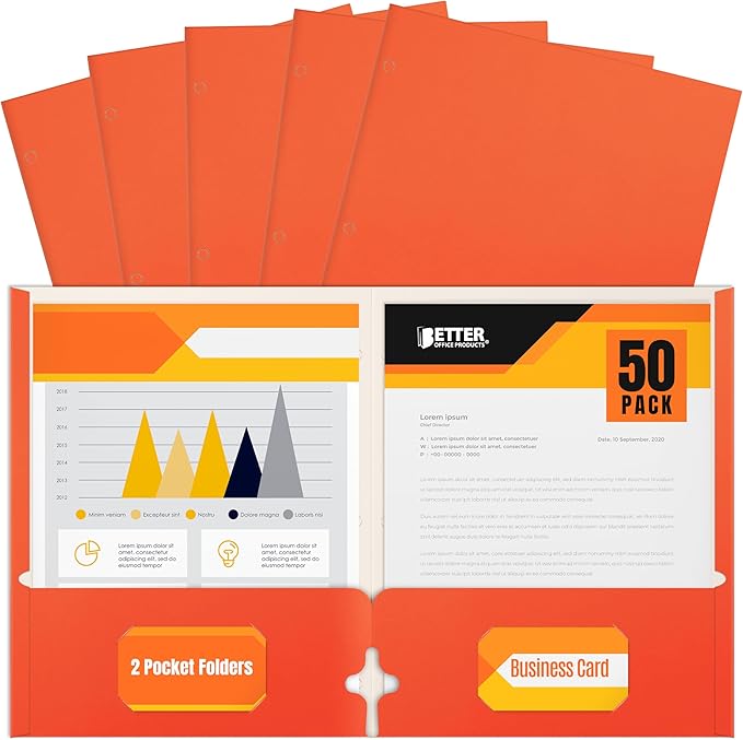 Better Office Products Two Pocket Portfolio Folders, 50-Pack, Orange, Letter Size Paper Folders, 50 Pieces, Orange