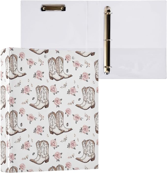 Cowgirl Boot Retro 3 Round Ring Binders | 1.5 Inch Binder with Clipboard, PVC Pockets, Work Organizer, Holds 200 Sheets for School Office 1 Pack